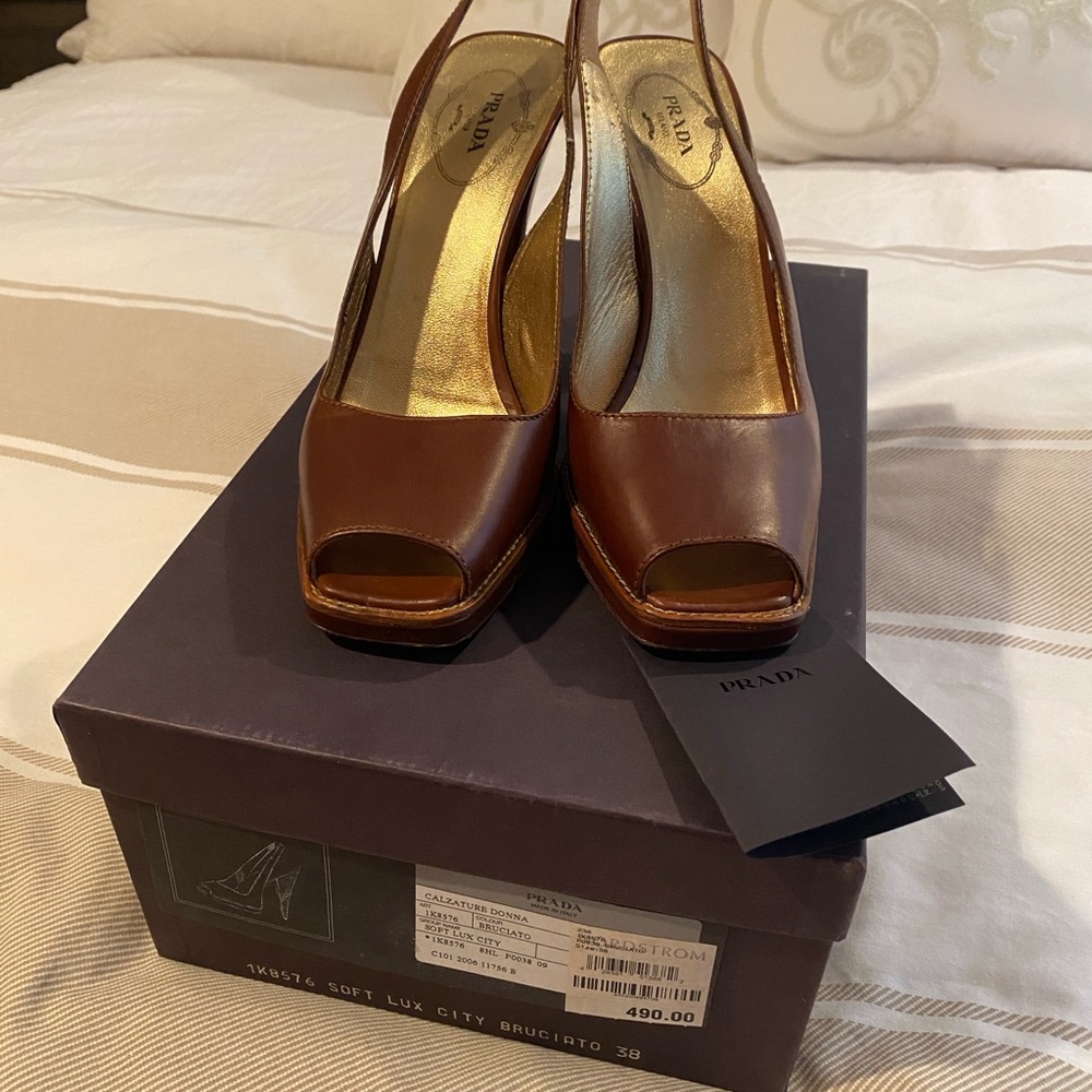 Prada Brown Heels with Open Toe Design and wood stacked heel